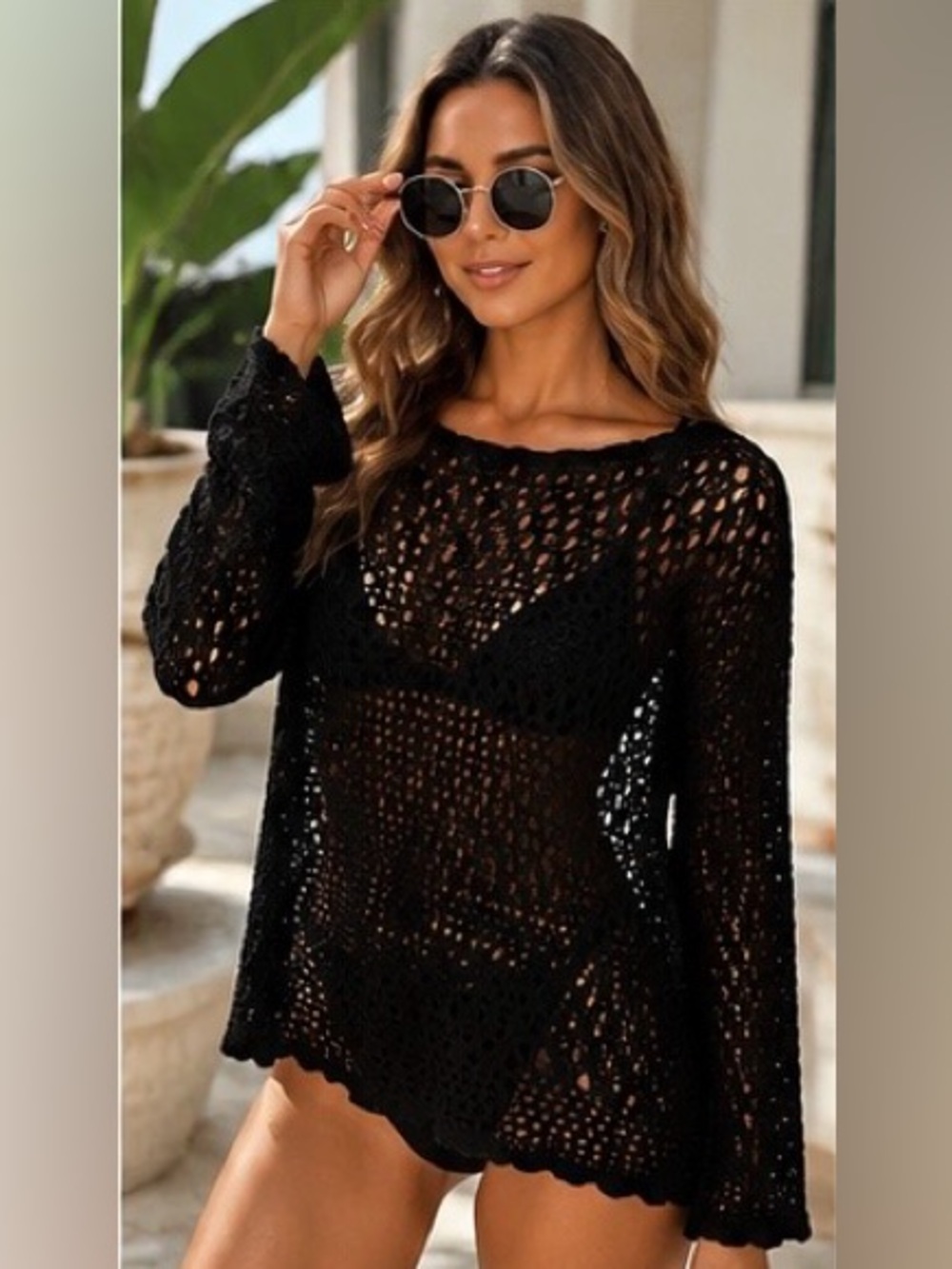 Black Crochet Knit Beach Cover Up Sweater Women’s Large
